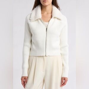 Laundry By Shelli Segal Cream Teddy Jacket Faux Fur Collar Crop Zip Cardigan😍